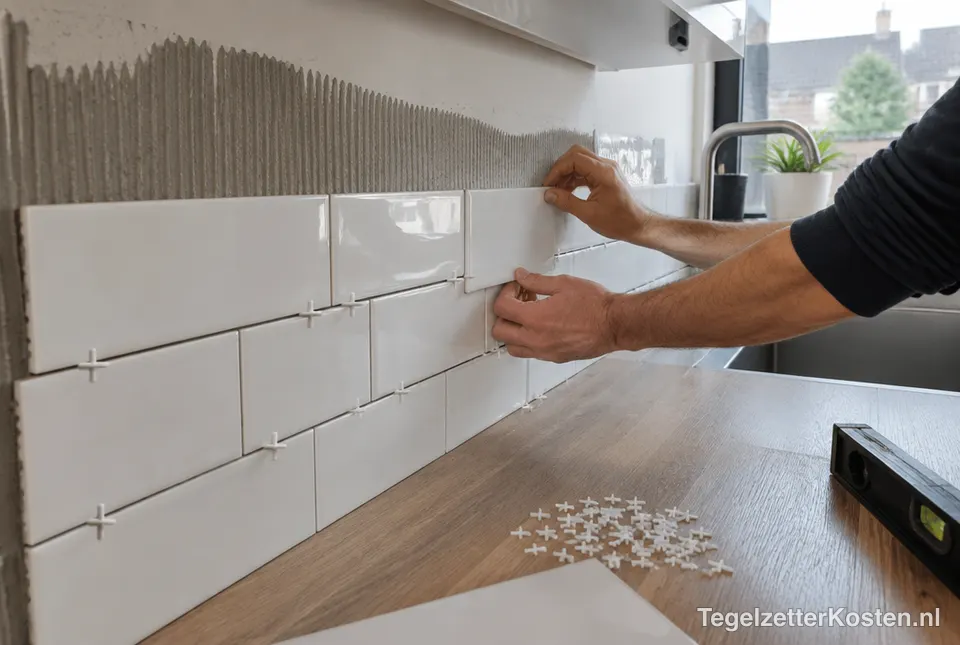 Tegelzetter plaatst tegels als achterwand in een keuken