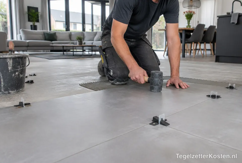Tegelzetter legt grote vloertegels in een woonkamer