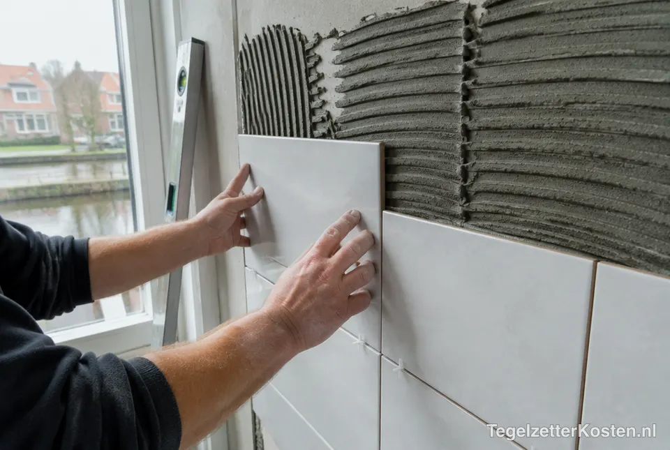 Wandtegels worden met lijm op een wand gezet